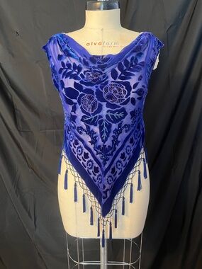 Royal Blue Velvet Burnout Tassel Shawl Top